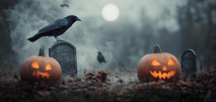 A raven perched on a gravestone beside glowing pumpkins during a Halloween night photo
