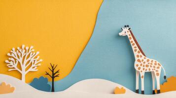 Giraffe stands against a vibrant yellow background in a wildlife exhibit photo