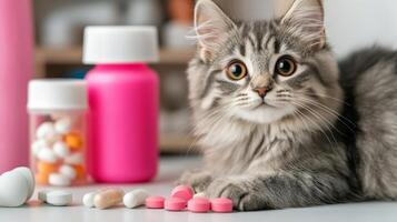 Gray tabby cat next to colorful medication bottles and pills on a table photo