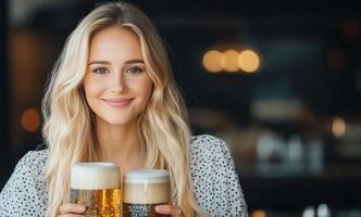Young woman cheerfully holds two mugs of beer against a dark background in a relaxed setting photo