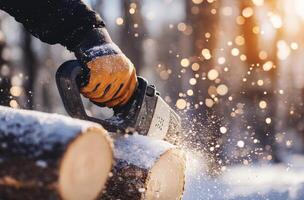 Man using chainsaw to cut tree log in winter forest with snow on the ground photo