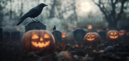 A raven perched on a gravestone beside glowing pumpkins during a Halloween night photo