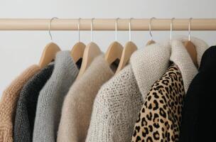Soft sweaters hanging on a wooden rack against a light wall photo