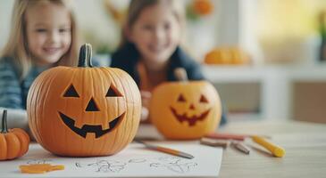 Preparing a pumpkin bowl full of popcorn during autumn in a cozy kitchen setting photo