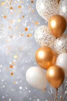 Gold and white balloons with confetti against a blurred background for a festive celebration photo