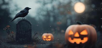 A raven perched on a gravestone beside glowing pumpkins during a Halloween night photo