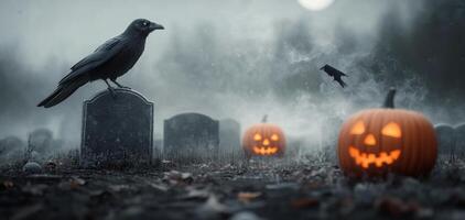 A raven perched on a gravestone beside glowing pumpkins during a Halloween night photo