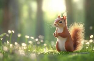 Red squirrel standing on a mossy surface in a sunlit forest during early morning hours photo