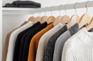 Cozy sweaters displayed on hangers in a minimalist indoor setting photo