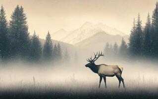 Elk standing in misty forest landscape during early morning hours photo