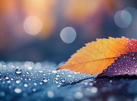 Rain-soaked autumn leaf with droplets in a blurred forest backdrop photo
