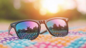 Stylish sunglasses resting on a colorful woven blanket in soft sunlight photo