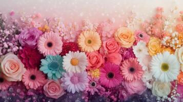 Colorful floral arrangement with various blooms on a dark background photo