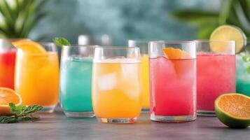 Colorful summer drinks arranged on a table at a garden party photo