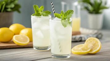 Refreshing lemon mint drinks served with fresh lemons and herbs in bright kitchen setting photo