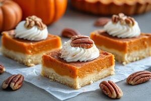 Pumpkin dessert bars topped with whipped cream and cinnamon in a cozy fall setting photo