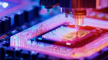 Microchip production printing processor CPU component AI memory storage microelectronics assembly semiconductor technology industry manufacturing computer circuit board equipment video