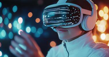 Woman experiences immersive virtual reality in a futuristic setting photo