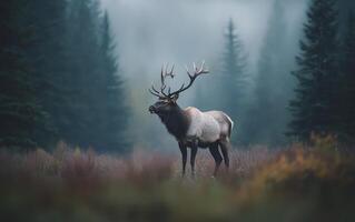 Elk standing in misty forest landscape during early morning hours photo