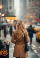 Woman walking a busy city street in autumn with blurred traffic and pedestrians photo