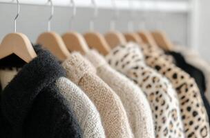 Cozy sweaters displayed on wooden hangers in a bright boutique setting photo