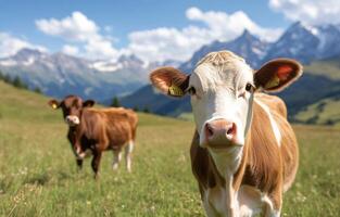Brown cows grazing in a sunny alpine meadow with mountains in the background photo