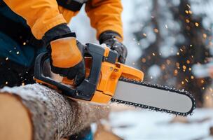 Man using chainsaw to cut tree log in winter forest with snow on the ground photo