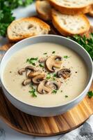 Creamy mushroom soup served with sliced bread on a wooden cutting board photo
