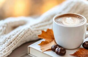 Cozy coffee cup with latte art beside autumn leaves and book in soft lighting photo