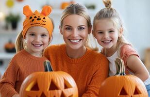 Family enjoys carving pumpkins together outdoors on a sunny autumn day photo