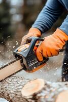 Person cutting wood with a chainsaw in a forest during the daytime photo