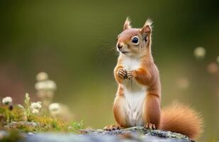 A curious squirrel stands on a rock amidst blooming wildflowers at dawn photo