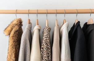 Cozy sweaters displayed on wooden hangers in a bright boutique setting photo
