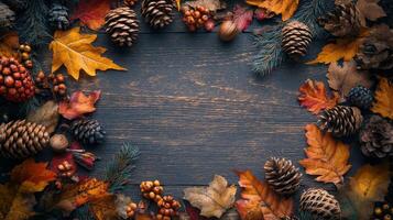 Autumn leaves and citrus fruits arranged on a yellow background photo