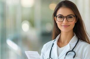 A smiling healthcare professional in a clinic holding a clipboard during daylight hours photo
