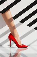Red high heel shoe next to striped black and white wall in bright indoor setting photo