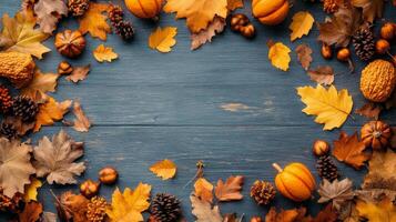 Autumn leaves and citrus fruits arranged on a yellow background photo