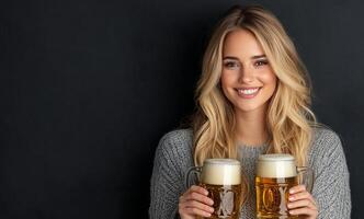 Young woman cheerfully holds two mugs of beer against a dark background in a relaxed setting photo