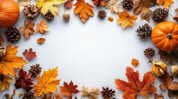 Autumn leaves and citrus fruits arranged on a yellow background photo