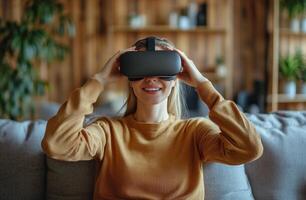 Young woman wearing virtual reality headset at home while sitting on a cozy sofa photo