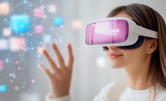Woman engaging with virtual reality in a bright, modern room during the day photo