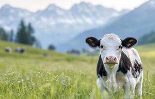 A playful calf grazes in a verdant meadow with mountains in the background at dawn photo