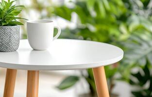 Small white table with a potted plant surrounded by lush green indoor foliage photo