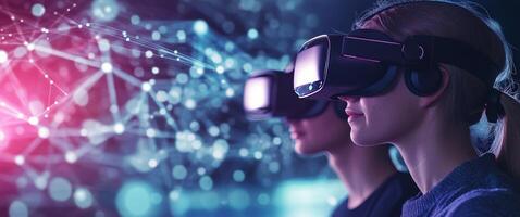 Young people exploring virtual reality in a vibrant, futuristic setting during the evening photo