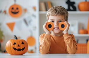 Child celebrating Halloween by crafting decorations with orange cutouts and pumpkins photo