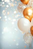 Gold and white balloons with confetti against a blurred background for a festive celebration photo
