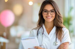 A smiling healthcare professional in a clinic holding a clipboard during daylight hours photo