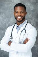 Smiling doctor in a white lab coat with a stethoscope posing confidently indoors photo