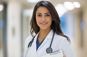 Medical professional smiling while holding a clipboard in a hospital corridor during daytime photo