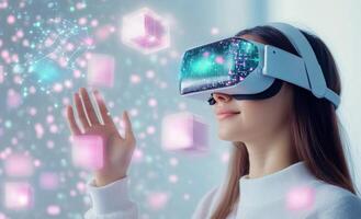 Young woman interacting with virtual reality technology in a colorful digital environment photo